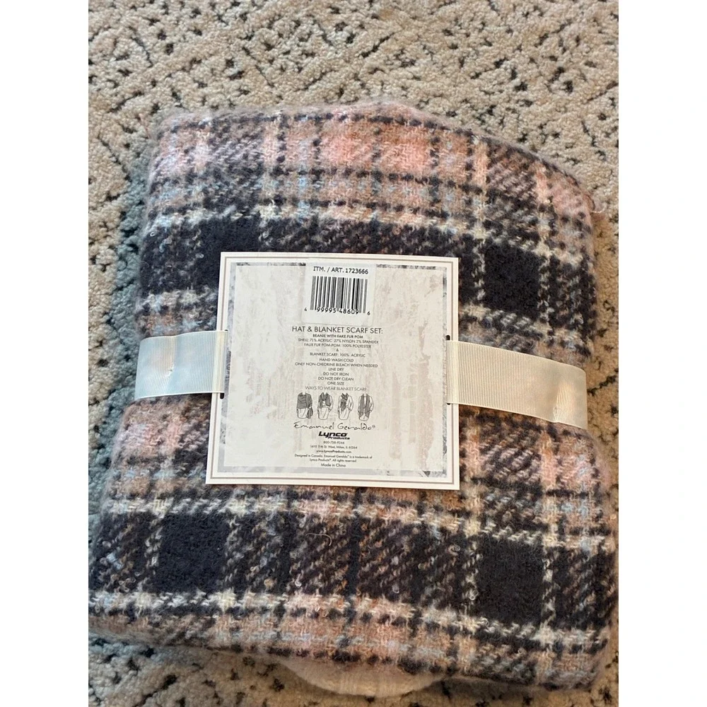Emanuel Geraldo Womens Hat and Blanket Scarf Set Plaid Pink‎ Grey Beanie Pom Pom